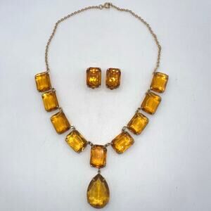Antique Art Deco gold plated amber Czech Uranium glass necklace clip earrings